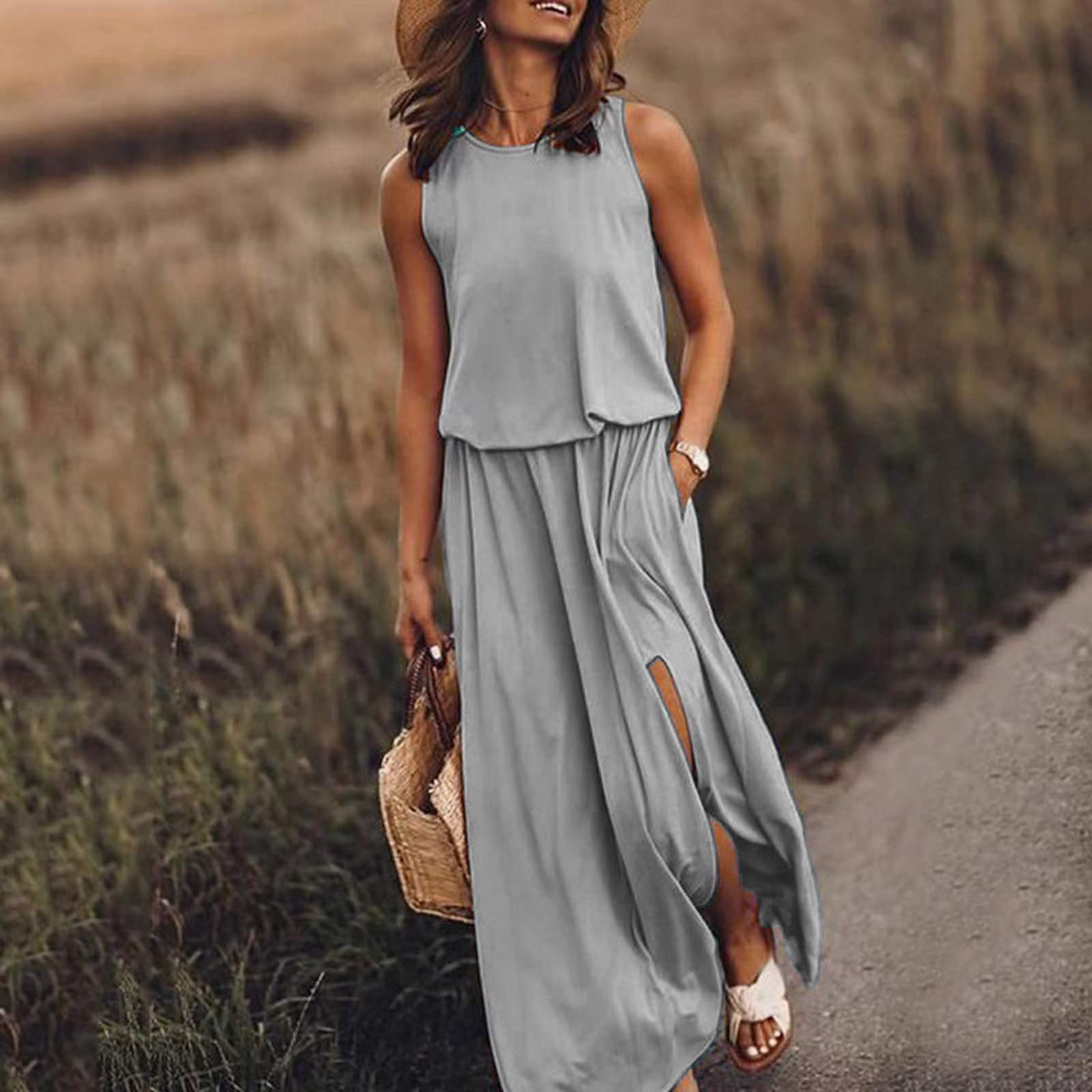 Summer New European and American Vacation Style Solid Color Round Neck Sleeveless Spaghetti Strap Lantern Split Long Dress