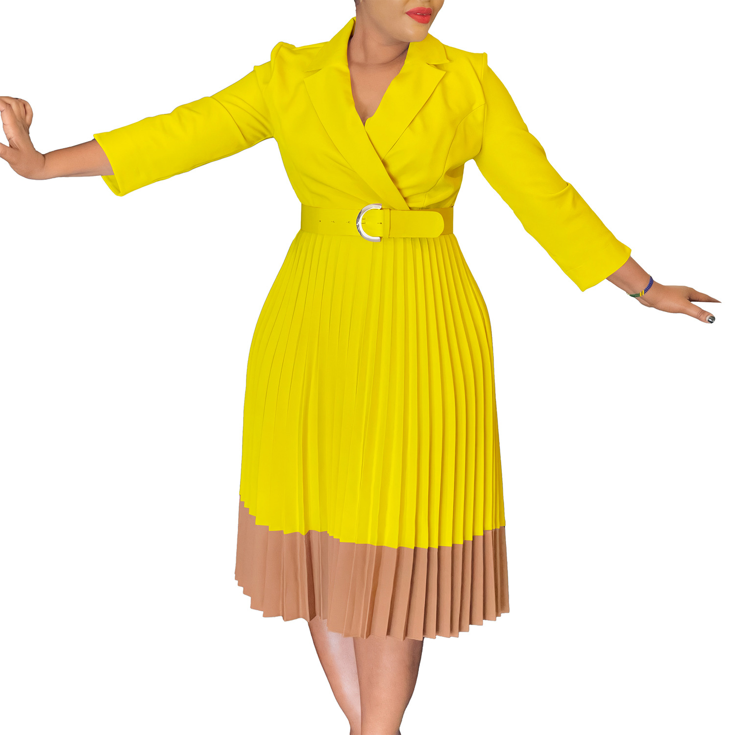 Elegant Spring Color Block OL Dress with Pleats and High Waist, Stylish Women's Blazer Collar Fashion for Cross Border Trade