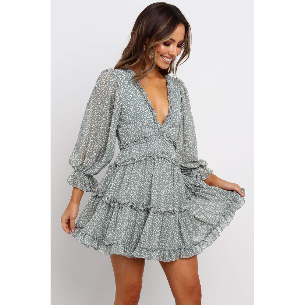 Backless V Neck Long Sleeve Dress Puff Sleeves Waist Cinching Spring Fall Style Wholesale Available