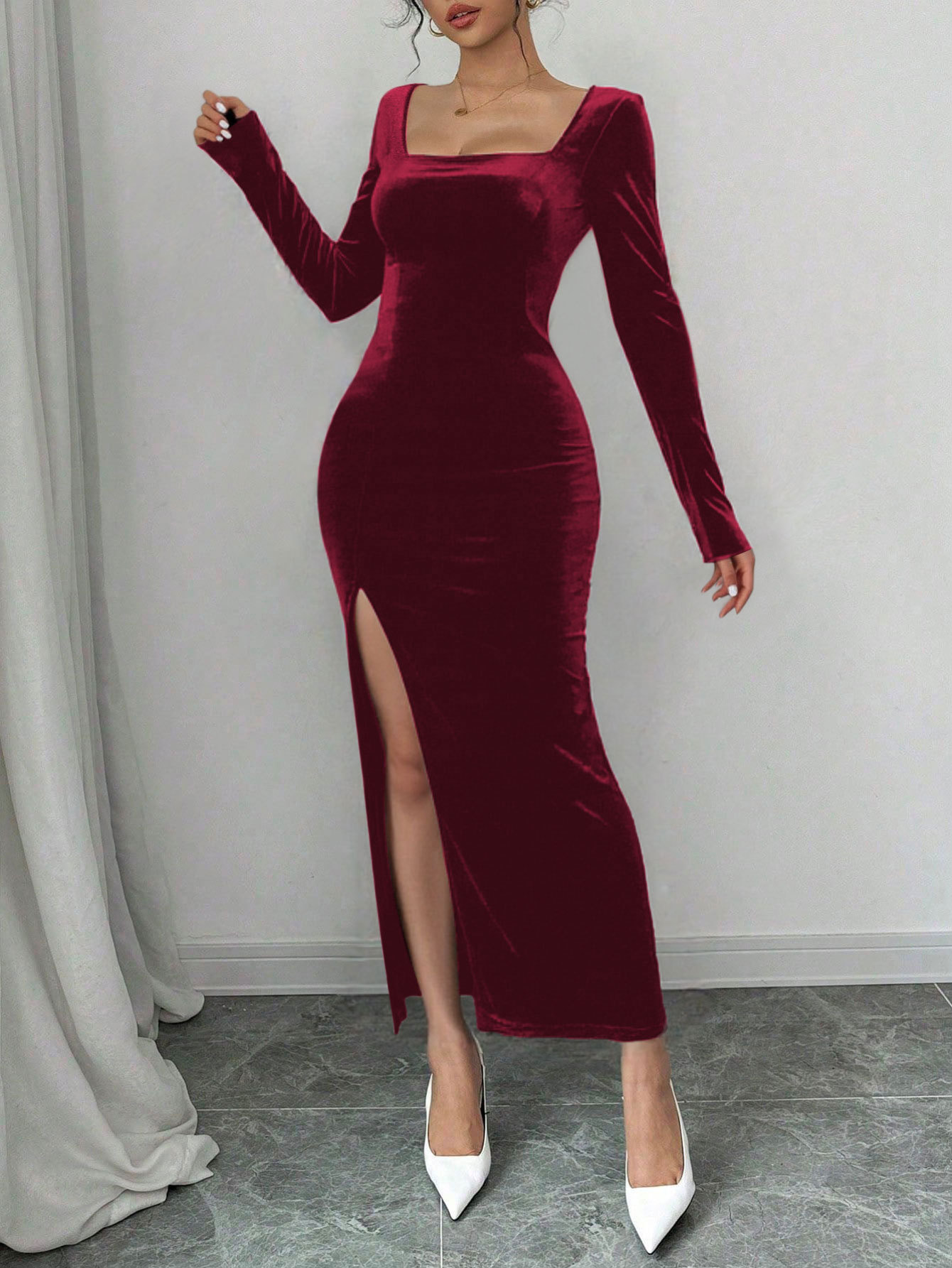 New Autumn Winter Women's Sexy Elegant Long Sleeve Velvet Dress High Waist Split Square Neck Long Skirt