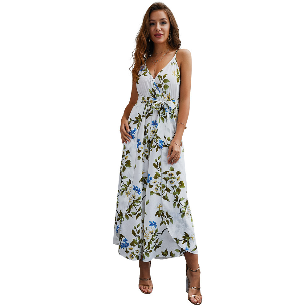 V Neck Floral Print Jumpsuit Summer Style Sleeveless Split Design Perfect for Casual Outings OEM Available