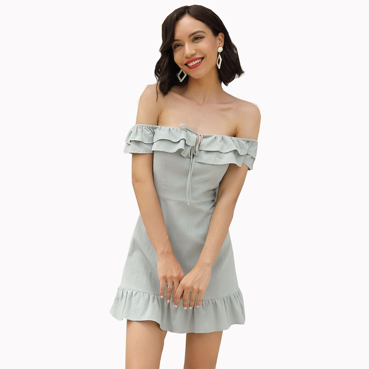 Summer Ruffle Off Shoulder Dress Slim Fit Vacation Style Lightweight Fabric Available in Multiple Colors Wholesale