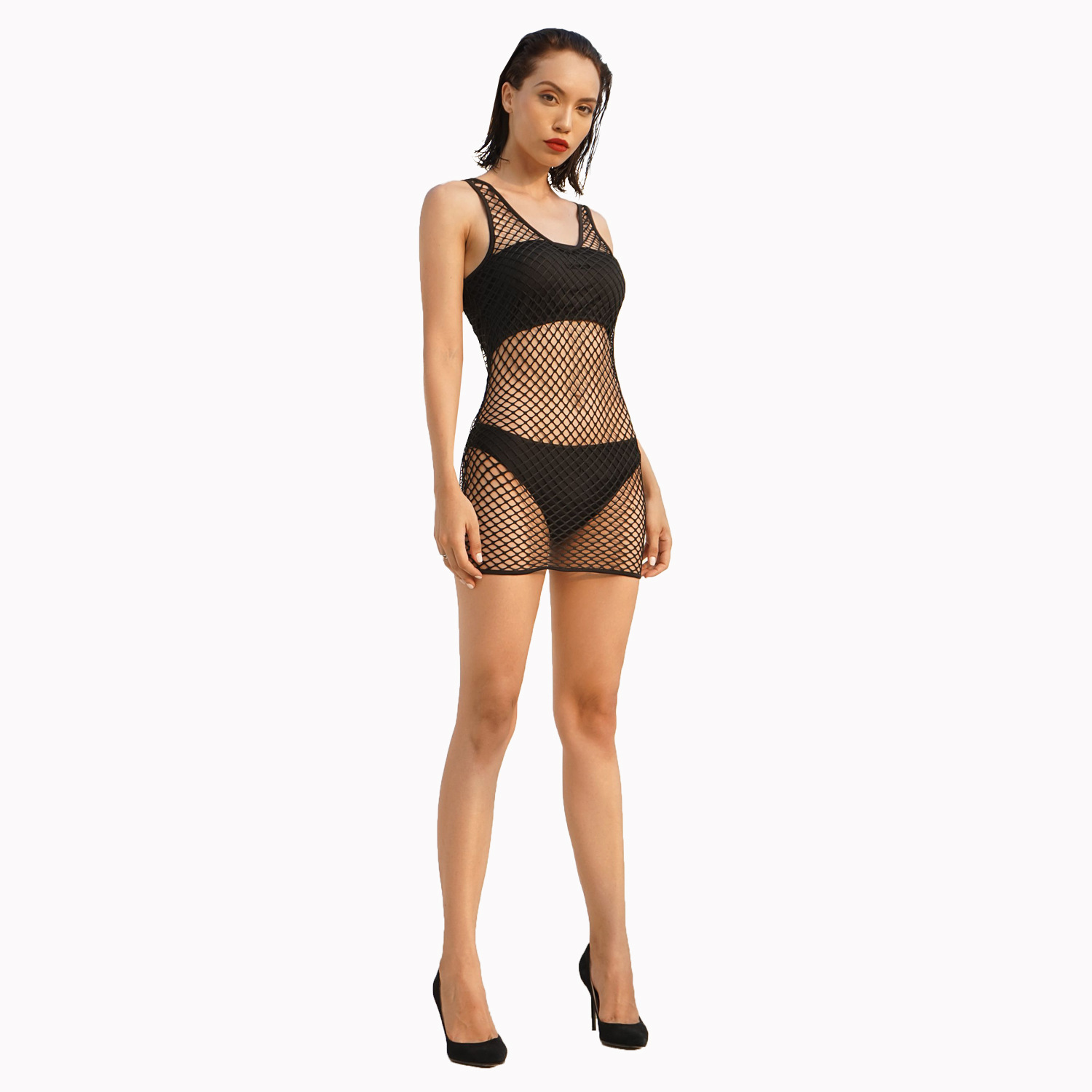 Sheer Fishnet Dress Sexy Hollow Out Design Adjustable Straps Lightweight Fabric Nightclub or Lingerie Use Wholesale