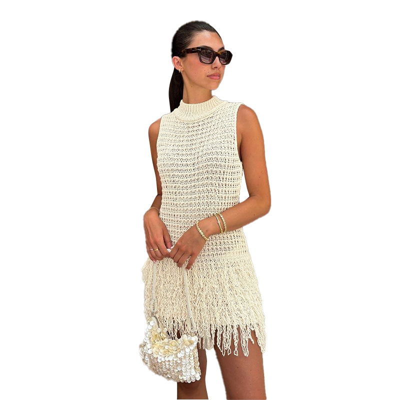 European and American Style Summer New Women's Fashion Sexy Sleeveless Fringed Hollow Slim Elegant Spliced Dress