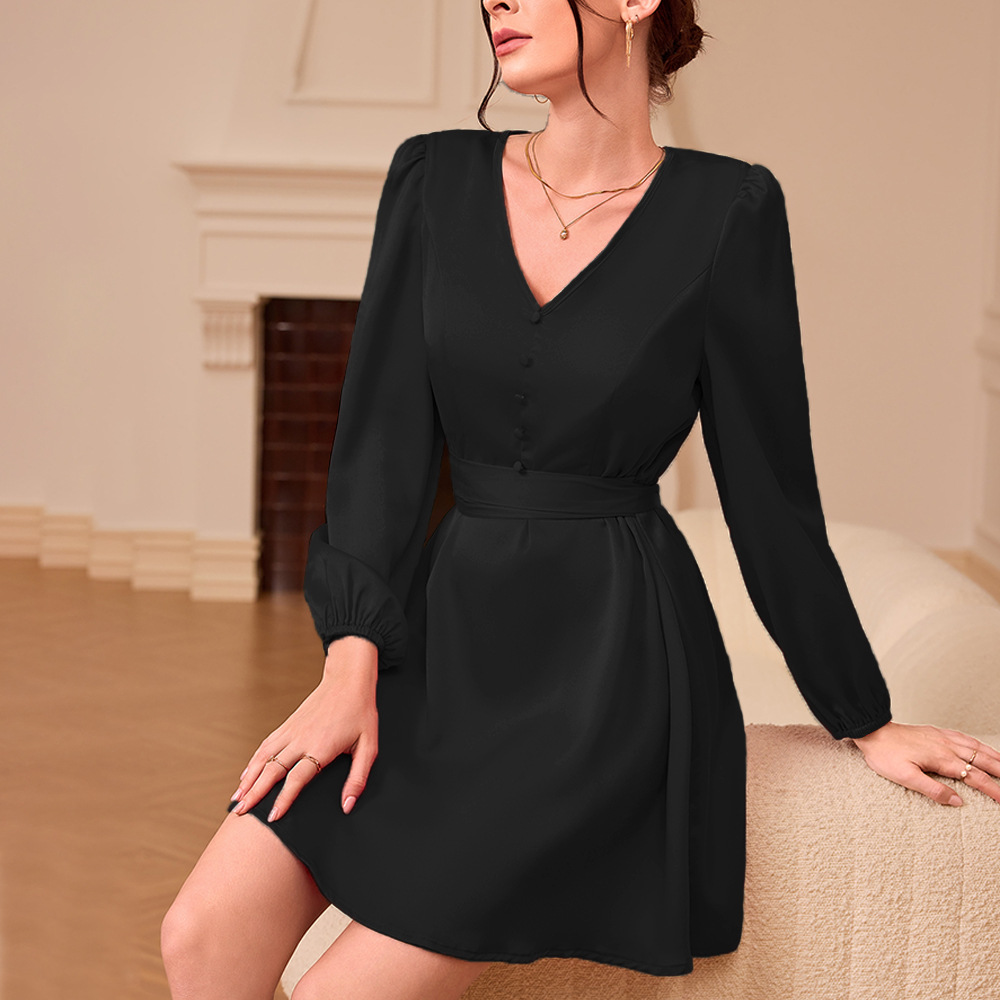 European and American Women’s Fashion — Sexy V Neck, Waist Defining, A Line, Satin Dress — Autumn Winter Collection — Wholesal