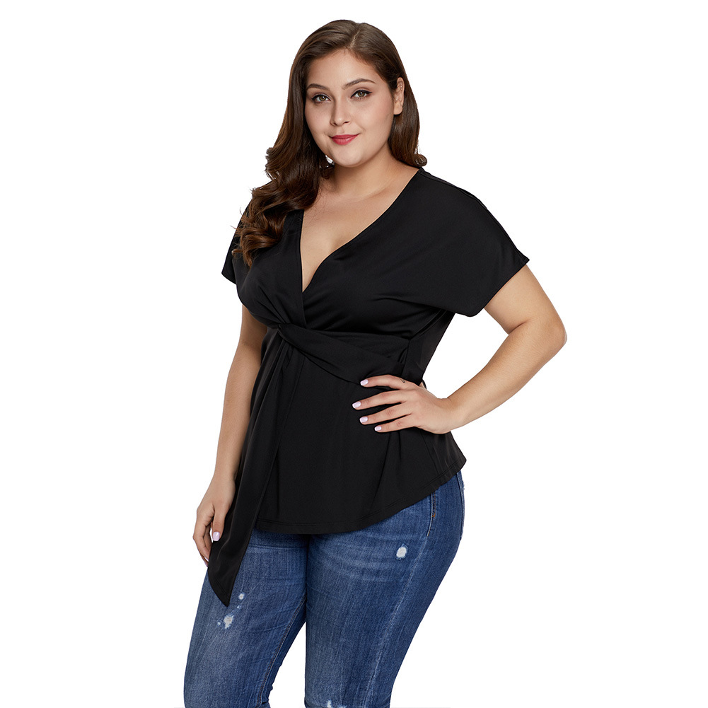 Womens Summer Loose V Neck Short Sleeve T Shirt Twist Knot Design High Low Hem Plus Size Casual Wear Wholesale