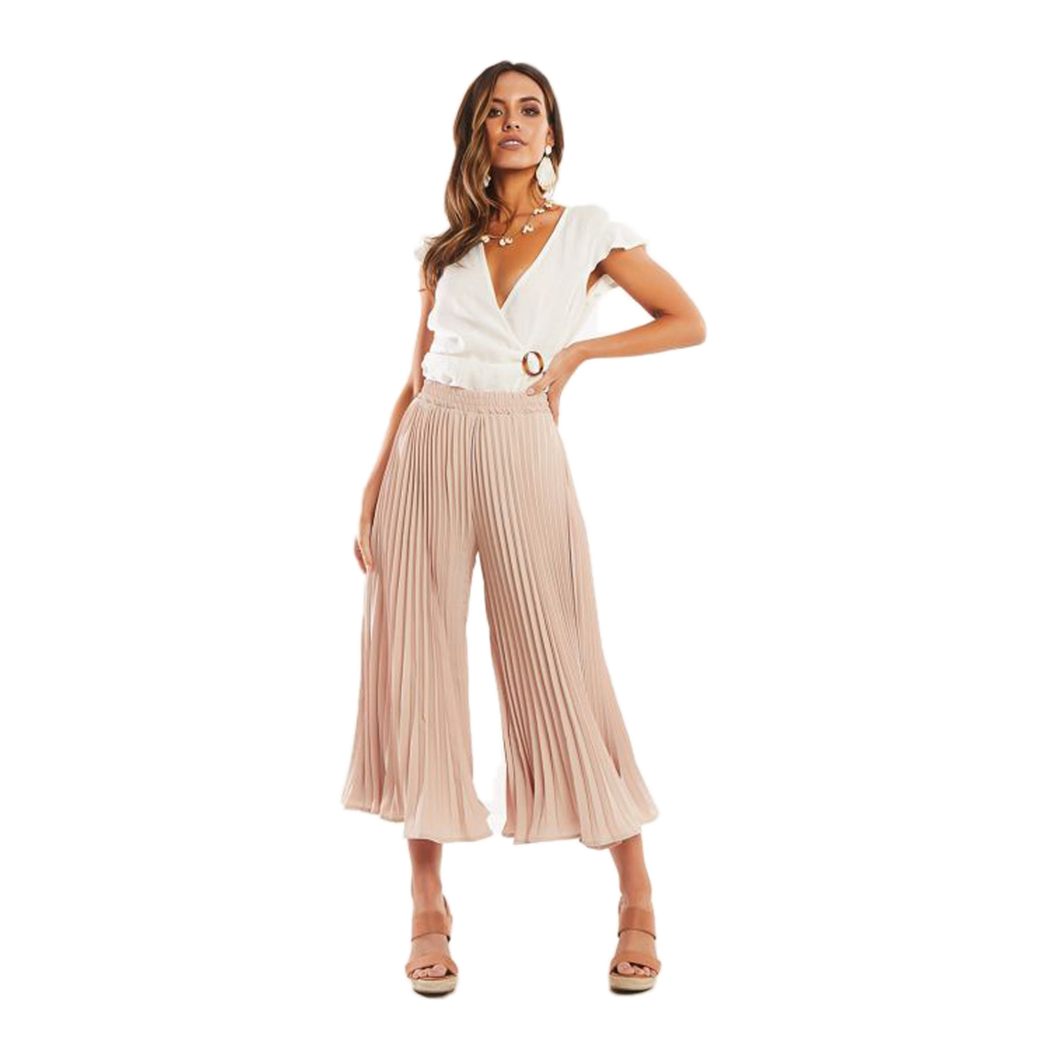 High Waisted Pleated Flare Trousers Casual Style Comfortable Fit Versatile for Everyday Wear Wholesale Available