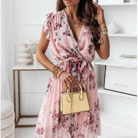 Summer Ruffle Sleeve V Neck Digital Print Dress for Women Lightweight Trendy Comfortable Perfect for Casual Outings