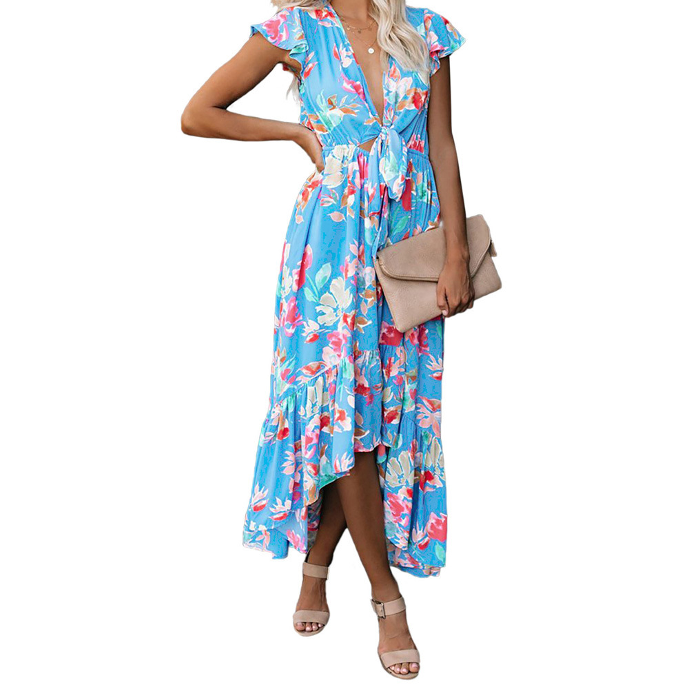 Deep V Neck Knitted Dress with Bow Tie Ruffled Short Sleeves Irregular Hem Elegant Evening Wear Wholesale Available