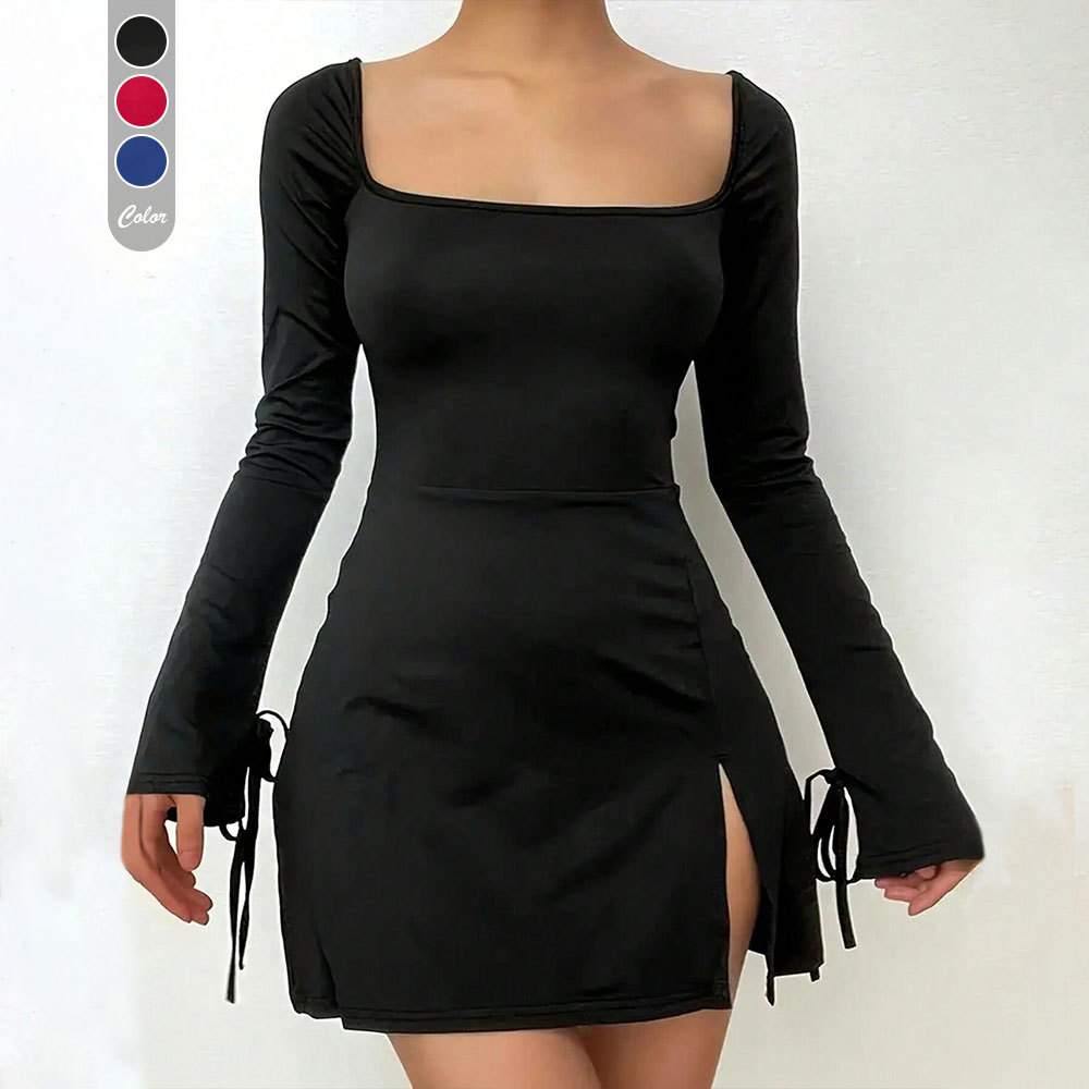 Red A Line Dress High Waist Square Neck Split Hem Versatile Autumn Winter Style Wholesale Available