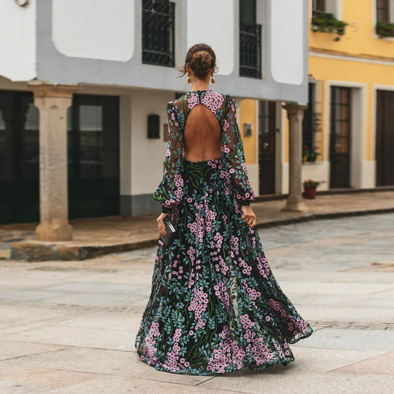 Womens Floral Print Maxi Dress Slim Fit Backless Design Elegant Style Perfect for Parties and Special Occasions