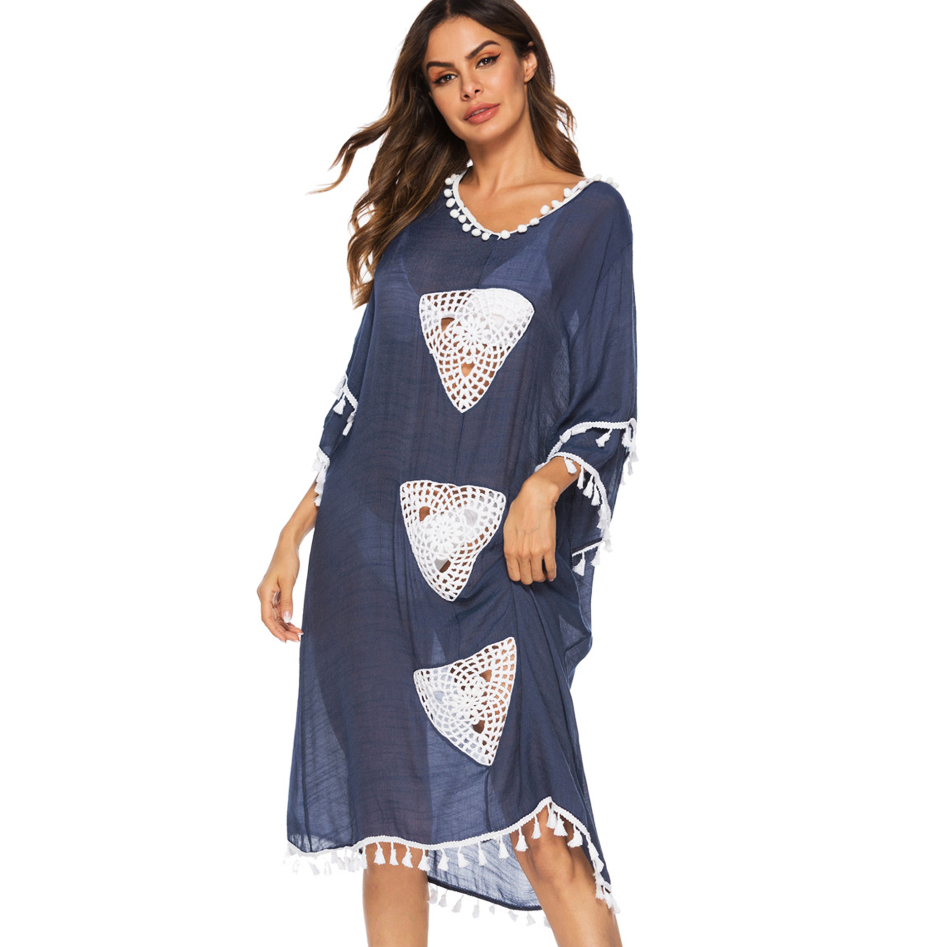 Womens Crochet Floral Patchwork Tassel Irregular Midi Beach Cover Up Dress Lightweight Bohemian Style Summer Wear