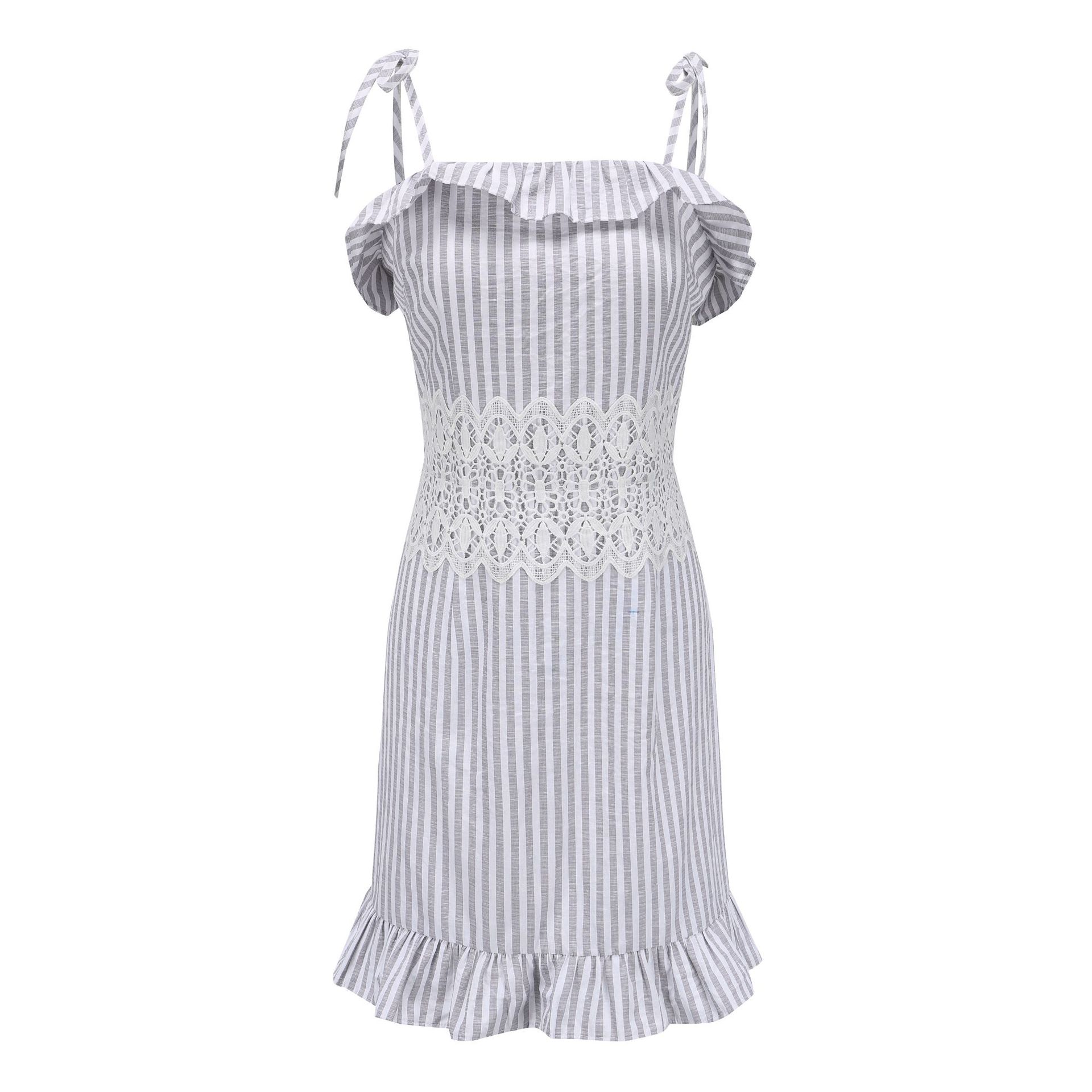 Lace Trimmed Striped Ruffle Hem Cami Dress Elegant Design Lightweight Fabric Summer Wear Wholesale Available