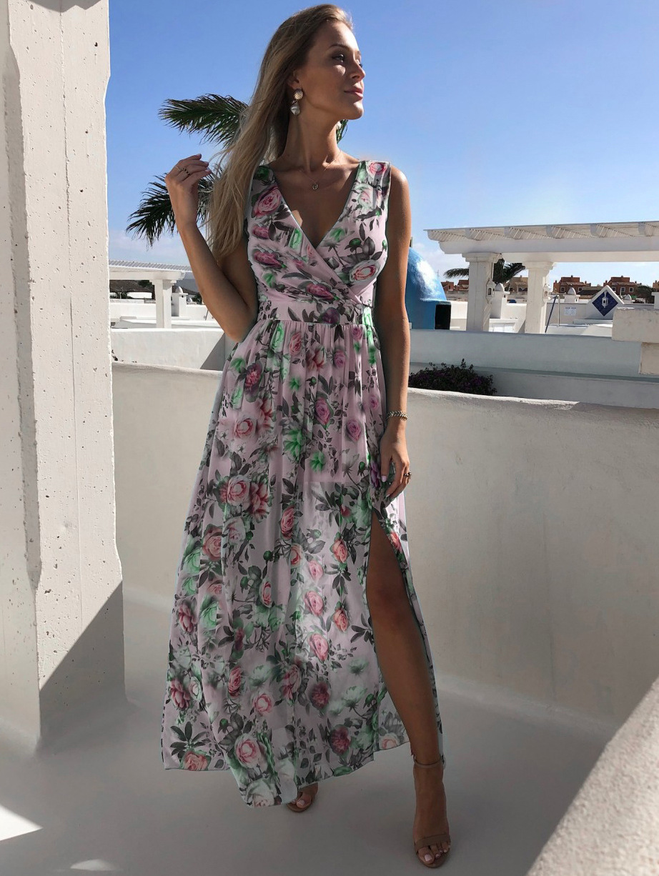 Floral Chiffon Maxi Dress Sleeveless High Slit Lightweight Summer Beach Vacation Wear Wholesale Available