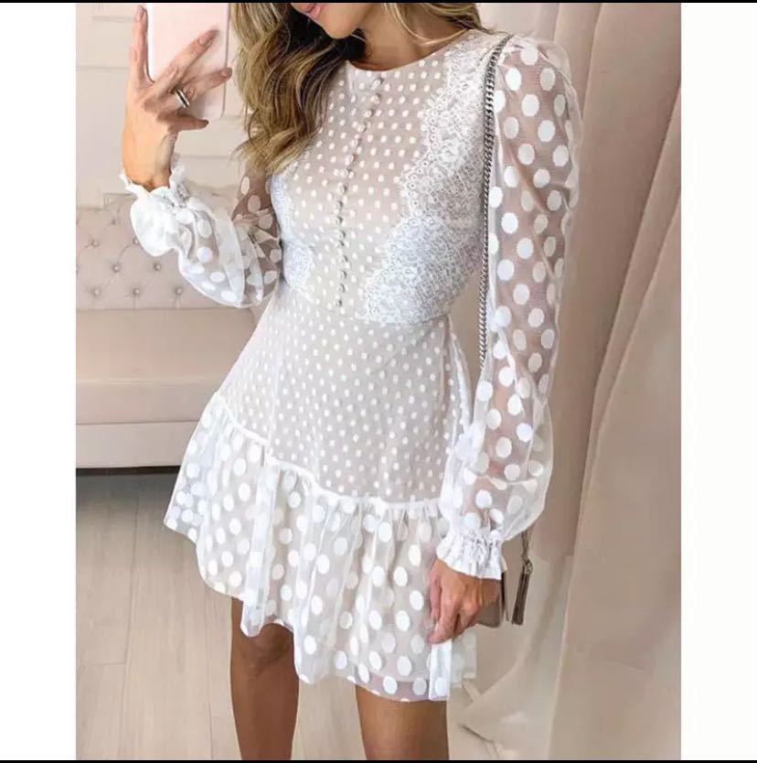 Polka Dot Lace Long Sleeve Dress Elegant Design Comfortable Fit Versatile Style Perfect for Parties and Special