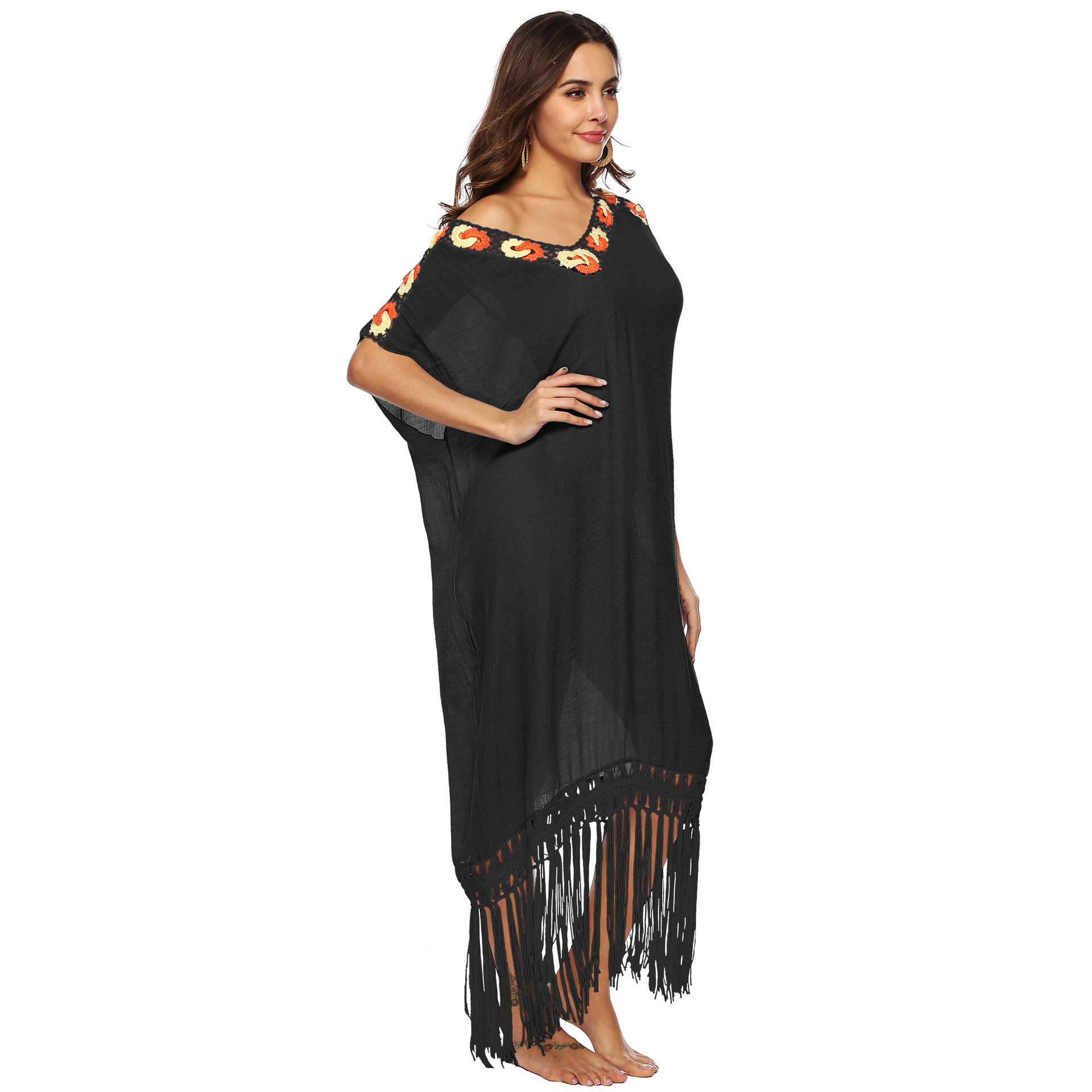 Bohemian Crochet Patchwork Maxi Dress Loose Fit Short Sleeve V Neck Tassel Detail Beachwear for Summer OEM