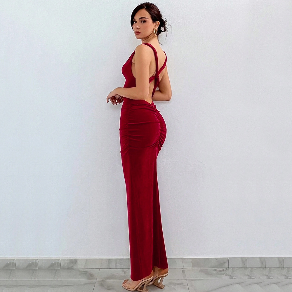 Trendy European and American Style Long Sleeve Slim Fit Back Cross Open Back Party Dress