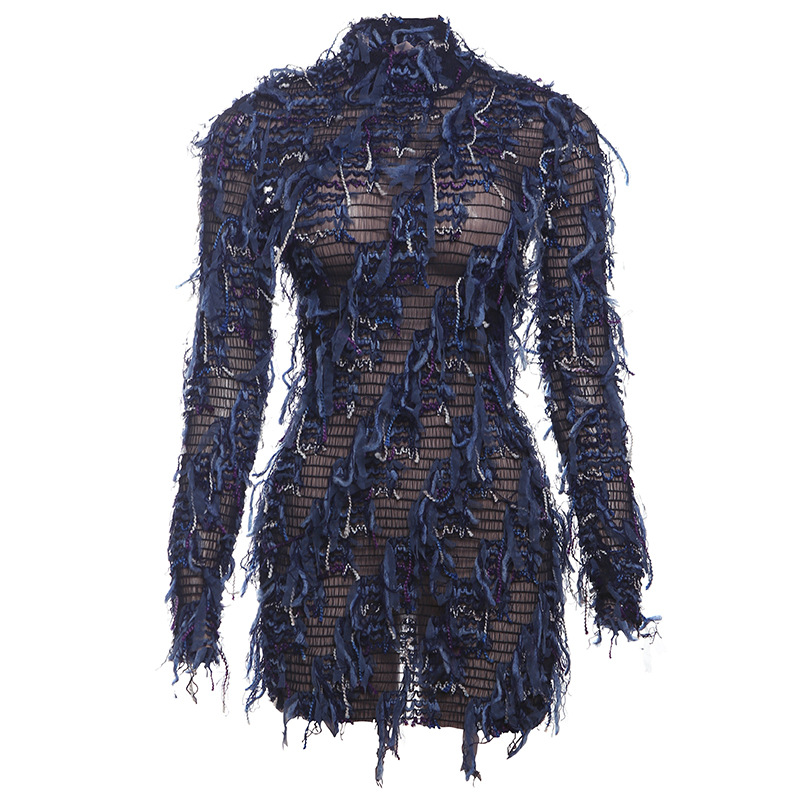 New Autumn Women's Dress with Colorful Fringes, Slim Fit, Long Sleeve, and Half High Neck for Fresh and Sweet Style