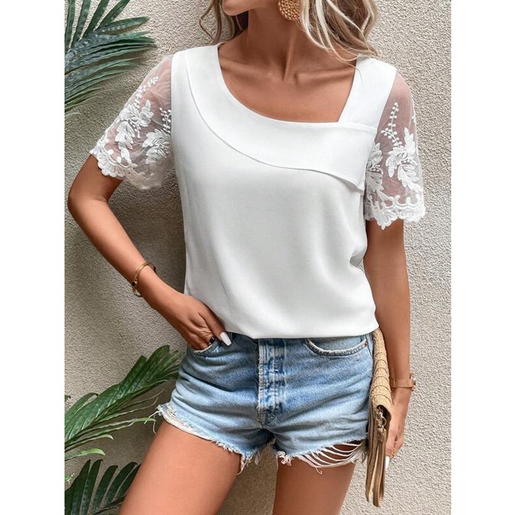 Lace Short Sleeve T Shirt for Women Solid Color Asymmetrical Neckline Fresh and Sweet Style Perfect for Summer Casual