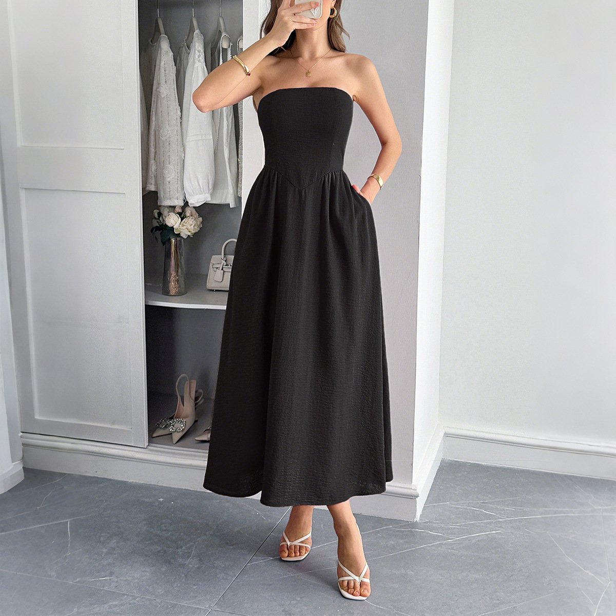 Elegant Strapless A line Long Dress for Women Summer