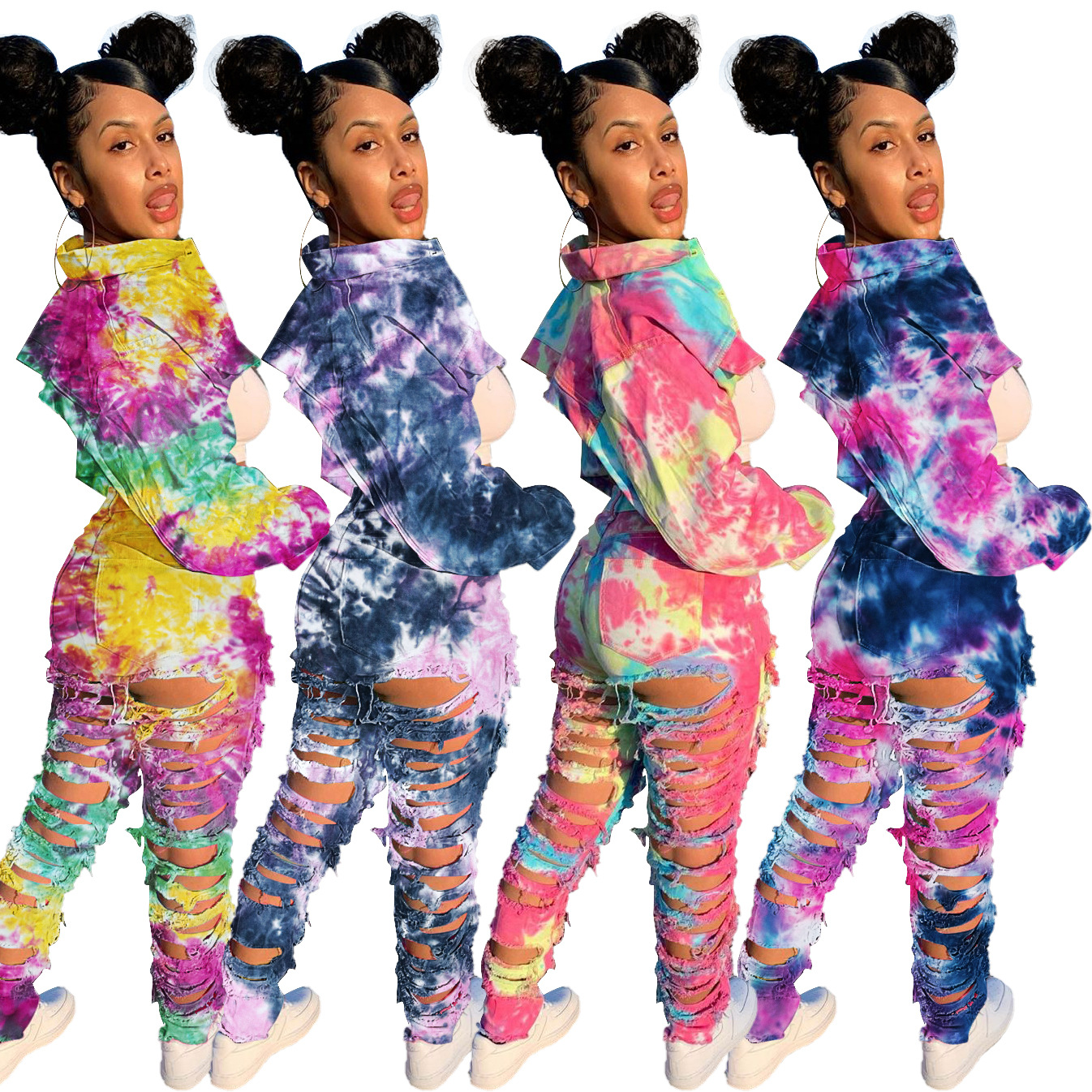 Casual Distressed Tie Dye Denim Pants Button Detail Straight Leg Breathable Fabric Ideal for Everyday Wear