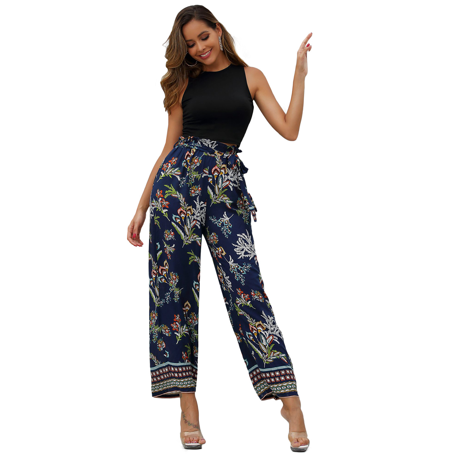 High Waisted Wide Leg Pants Floral Print Casual Style Comfortable Fit Perfect for Vacation or Leisure Wholesale