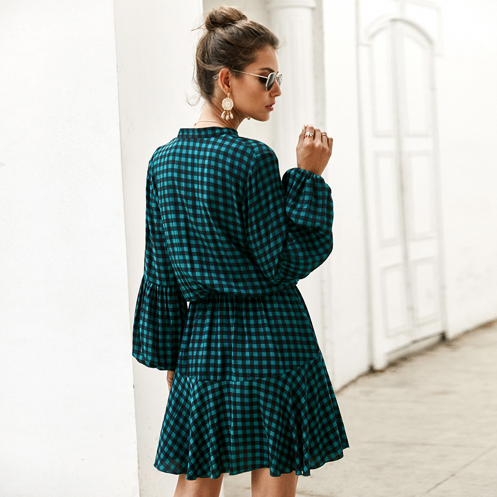 Designer Checkered Midi Dress Elegant Long Sleeve Spring Summer Style Perfect for Office Wear Wholesale Available