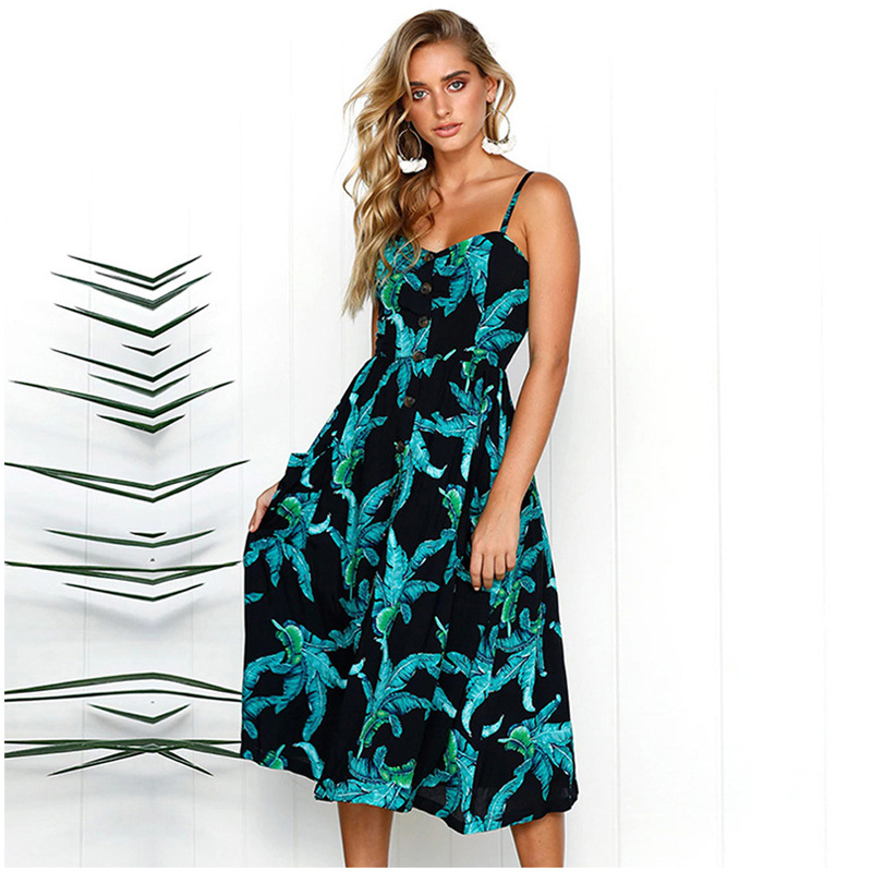 Bohemian Printed Midi Dress Summer Style Backless Design Adjustable Straps Perfect for Casual Outings Wholesale