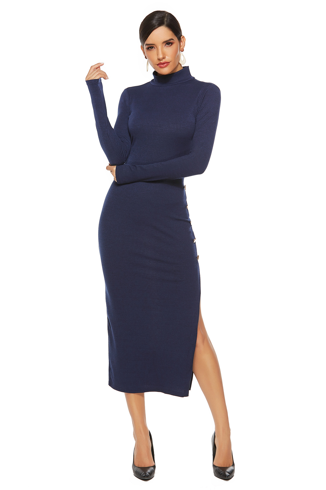 Knit Sweater Dress Solid Color Side Slit Long Sleeve Slim Fit Stretch Fabric Autumn Winter Casual Wear