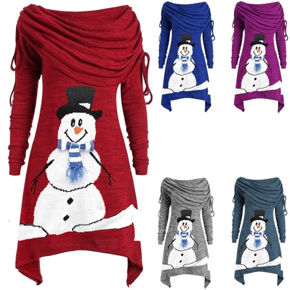 Womens Christmas Snowman Print Ruffled Collar Irregular Drawstring Dress Autumn Winter Fashion Wholesale Available