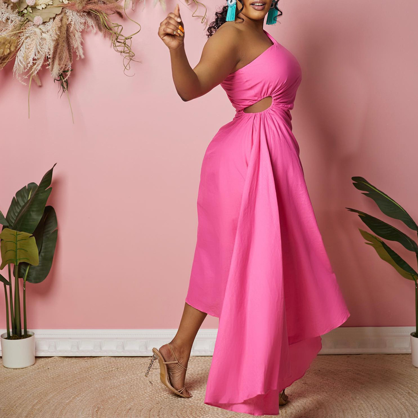 New Women's Plus Size Hollow Out Solid Color Irregular Hem One Shoulder Dress for Cross Border Fashion in Europe and America