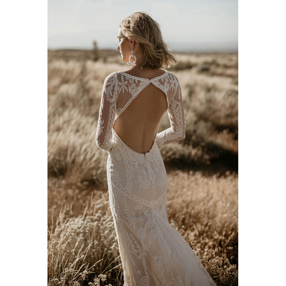 Lace Wedding Dress Long Sleeve Backless Floor Length Elegant Design Perfect for Autumn and Winter Events