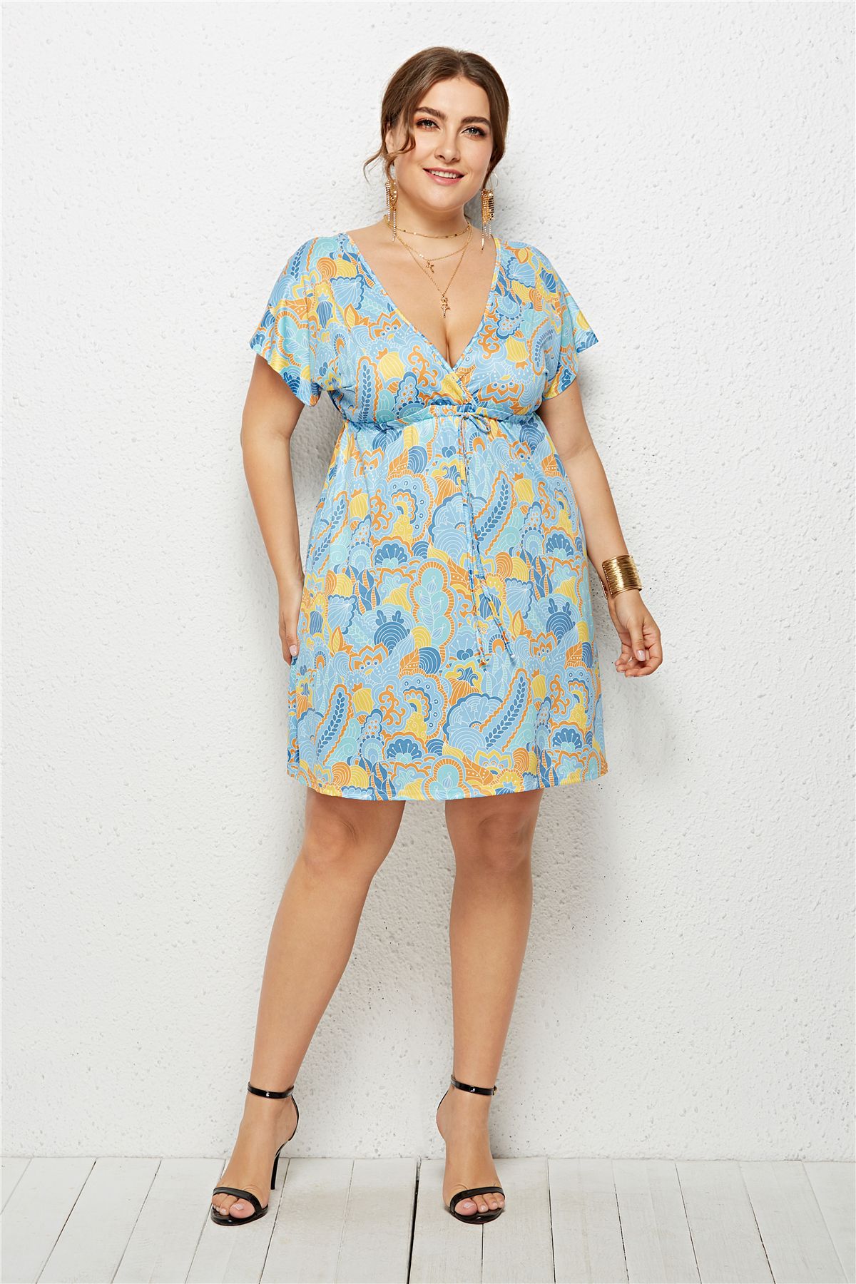 Plus Size V Neck Digital Print Dress Beachwear Vacation Style Comfortable Fit Wholesale Available