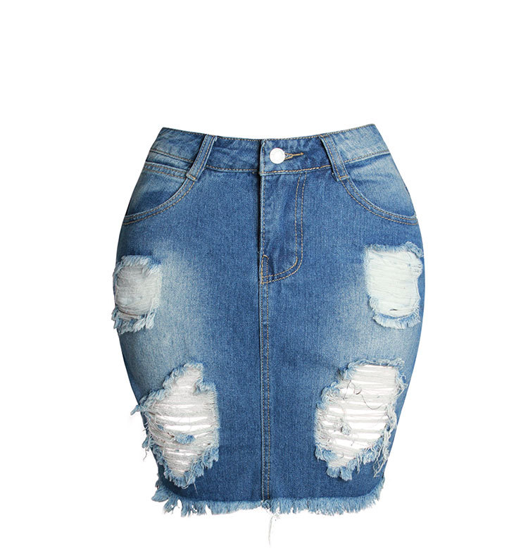 High Waisted Womens Denim Skirt Slim Fit Distressed Design Asymmetrical Hem Side Slit Casual Wear Wholesale