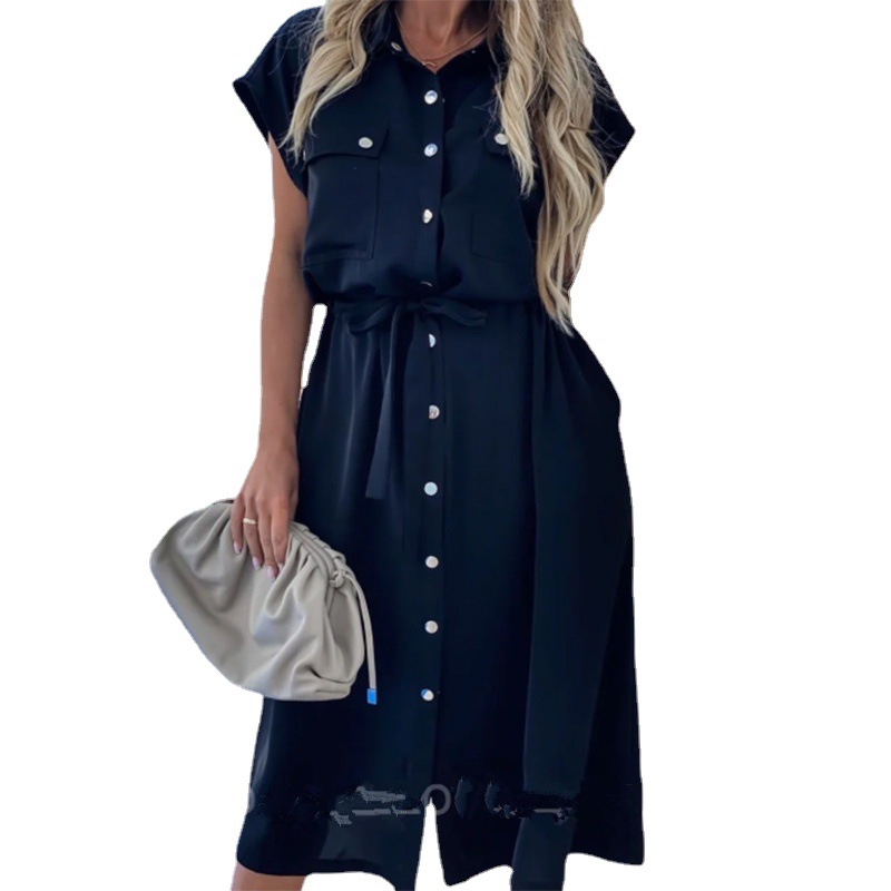 Womens Summer Dress Short Sleeve Lapel Solid Color Belted Button Down Casual or Formal Wear Wholesale Available