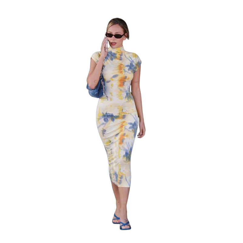 Elegant Floral Color block Printed Half high Neck Short Sleeve Bodycon Dress for Women Spring Summer