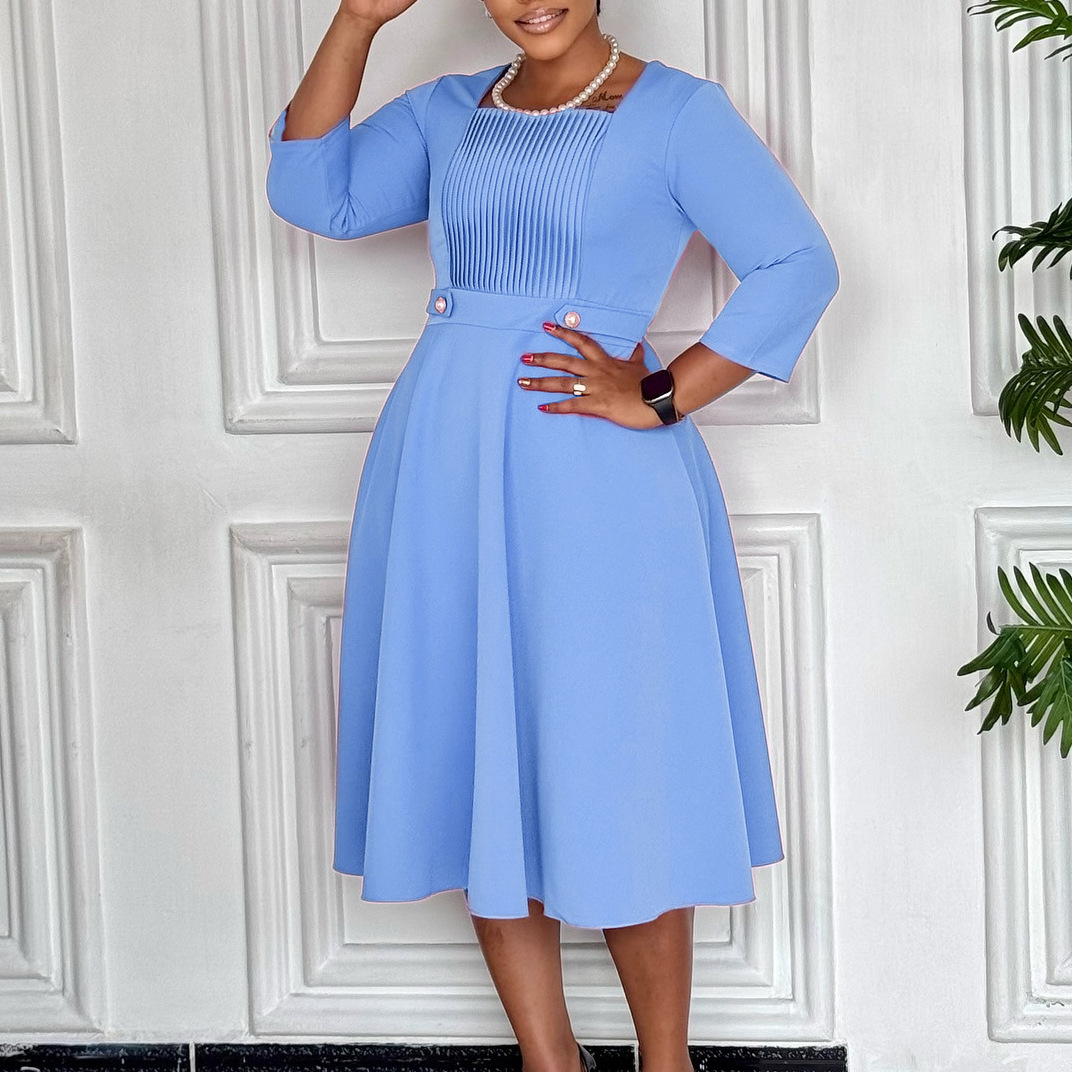 Plus Size Women's Fashion Dress with Square Neck, Solid Color, Pleated Design, High Waist, Trendy African Style for Internatio