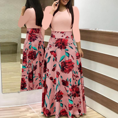 Floral Print Color Block Long Sleeve Maxi Dress Elegant Design Comfortable Fabric Perfect for Spring Summer Wholesale