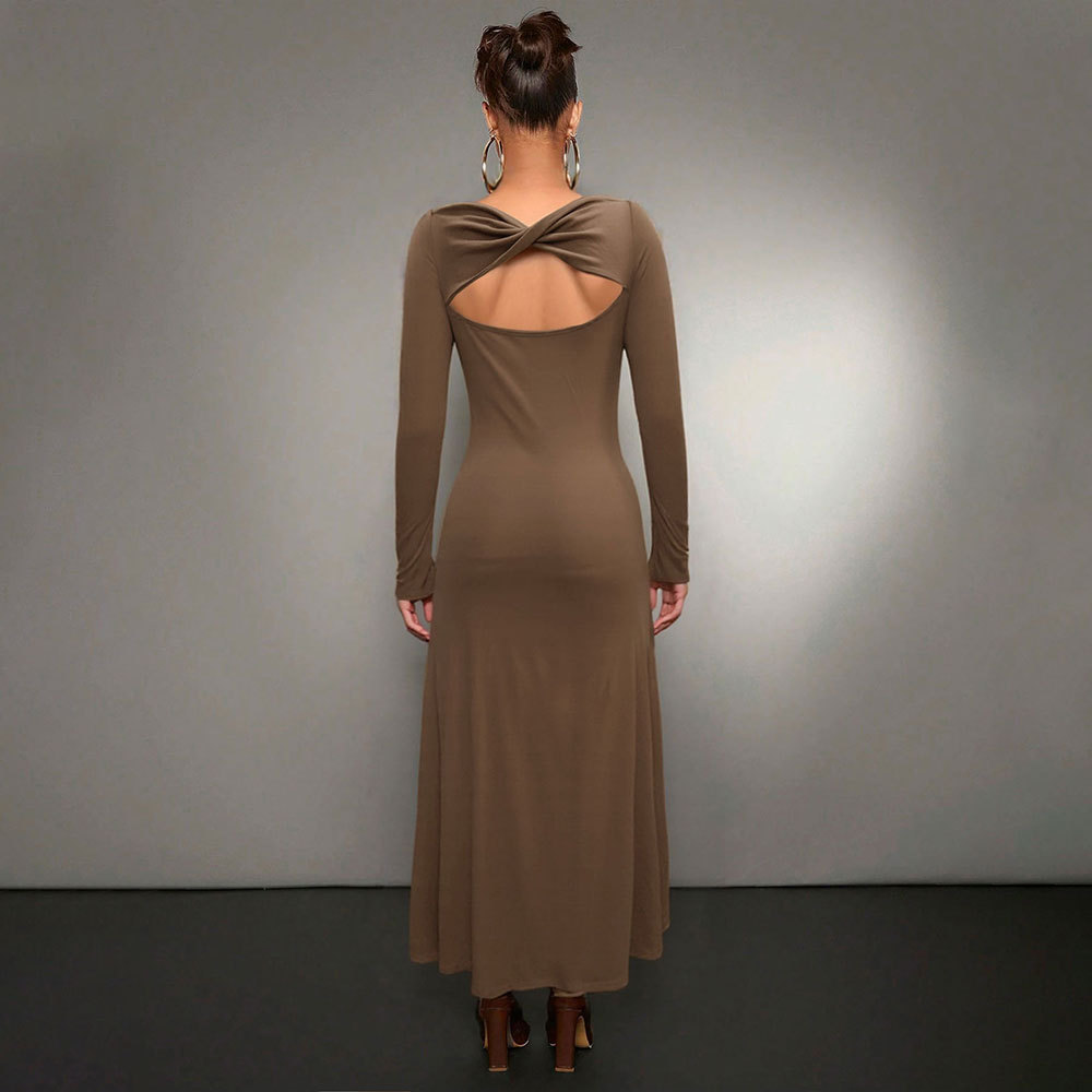 Solid Color Long Sleeve Dress Tight Fishtail Dress Off Shoulder Slim Fit Midi Dress