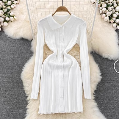 Vintage Inspired Long Sleeve Polo Dress Slim Fit Waist Defining Knitted Fabric Autumn Fashion for Women Wholesale
