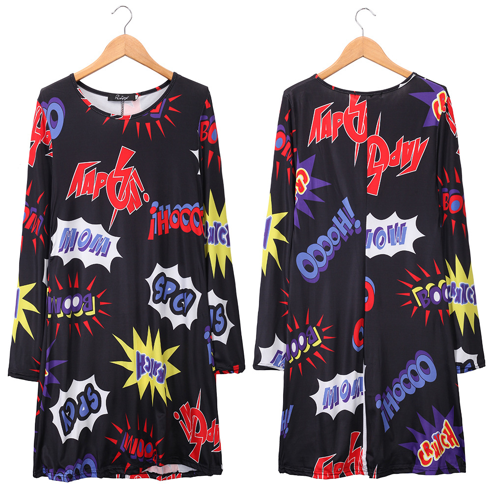 Christmas Cartoon Print Dress Long Sleeve Round Neck Comfortable Fabric Festive Occasion Wear Wholesale Available