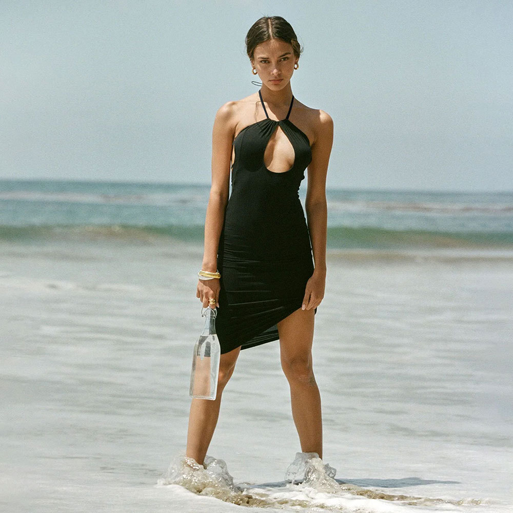 European and American Sexy Hollow Out Halter Dress — Summer Beachwear, Backless, Slit, Slim Fit, Unique Style — Casual Occasio