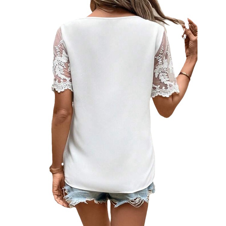 Lace Short Sleeve T Shirt for Women Solid Color Asymmetrical Neckline Fresh and Sweet Style Perfect for Summer Casual