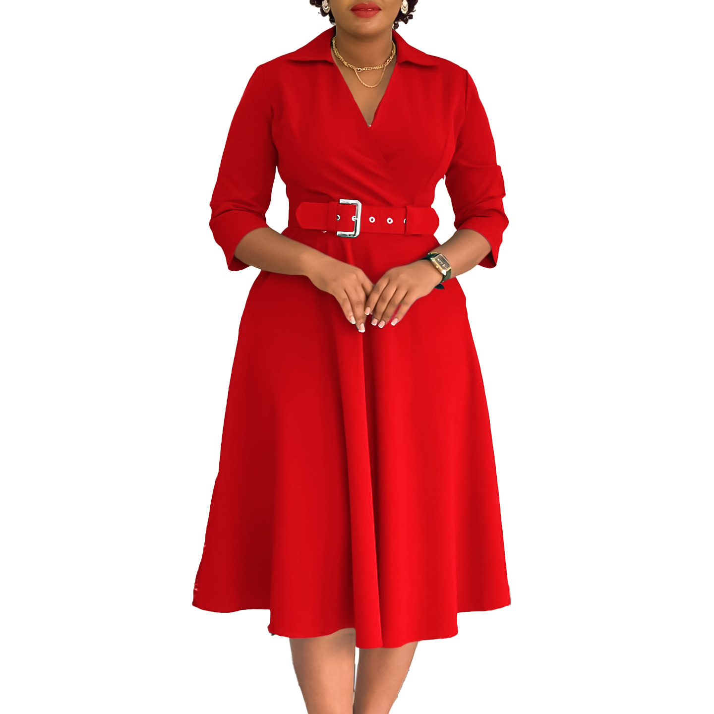 Plus Size Women's Fashion Dress with Lapel, Solid Color, Flared Skirt, Elegant Style for Autumn, Wholesale Clothing for Export