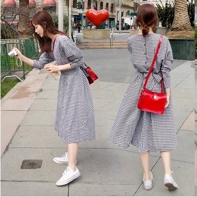 Vintage Inspired Plaid Long Dress Slim Fit Waist Defining Korean Style Casual College Fashion Wholesale Available