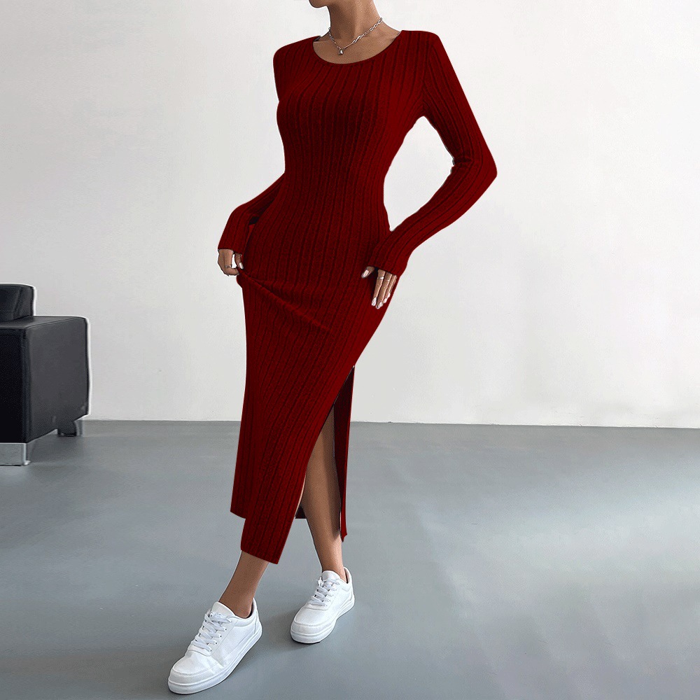 Cross border European and American Women's Commuter Simple Style Dress Autumn Winter Slim Fit Split Bodycon Midi Dress