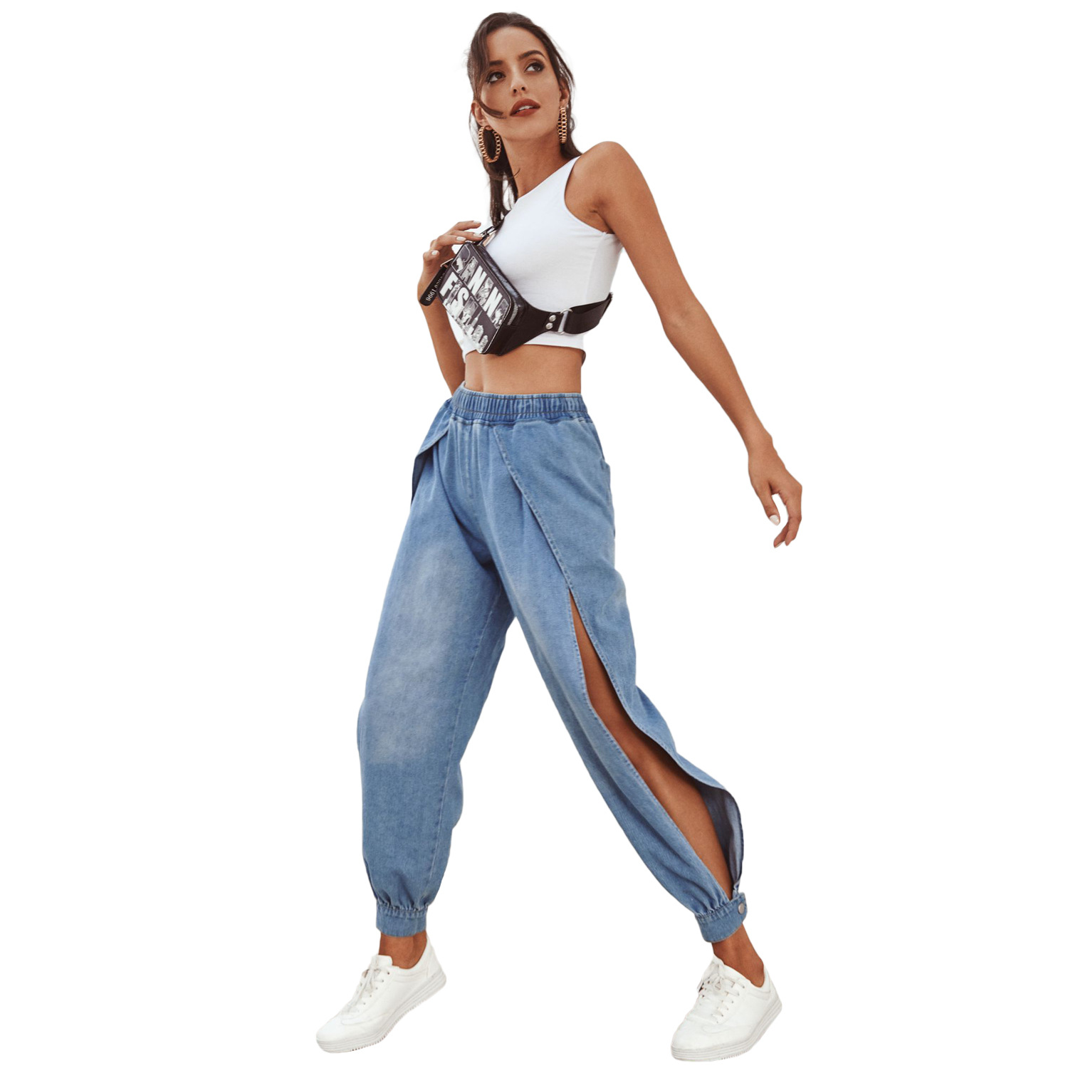 Casual Womens Denim Pants Side Slit Tapered Fit Comfortable Fabric Perfect for Everyday Wear Wholesale Available