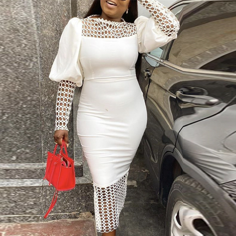 Plus Size High Waist Dress Long Sleeve Hollow Out Stretch Fabric Casual or Professional Wear OEM Available