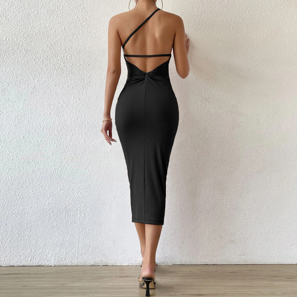 New Sexy Sleeveless One Shoulder Wrap Chest Bodycon Long Dress
