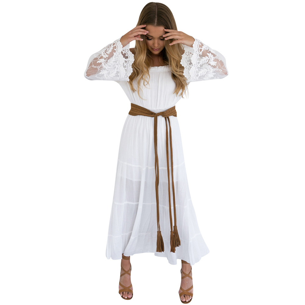 Embroidered Lace Sheer Dress Off Shoulder Bell Sleeves Elegant Style Perfect for Parties and Special Occasions